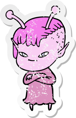 Bir insan tarafından çizilmiş sevimli uzaylı bir kızın sıkıntılı çıkartması.