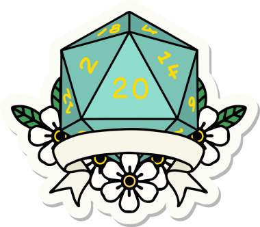 Bir insan tarafından çizilmiş 20 kritik vuruşluk D20 zar etiketi.