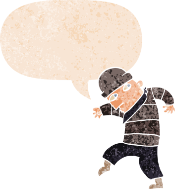 Sinsi çizgi film hırsızı grunge içinde konuşma baloncuğu olan sıkıntılı retro tarzı bir insan tarafından çizilmiş