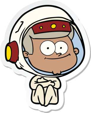 Bir insan tarafından çizilmiş mutlu bir astronot çizgi filminin çıkartması.