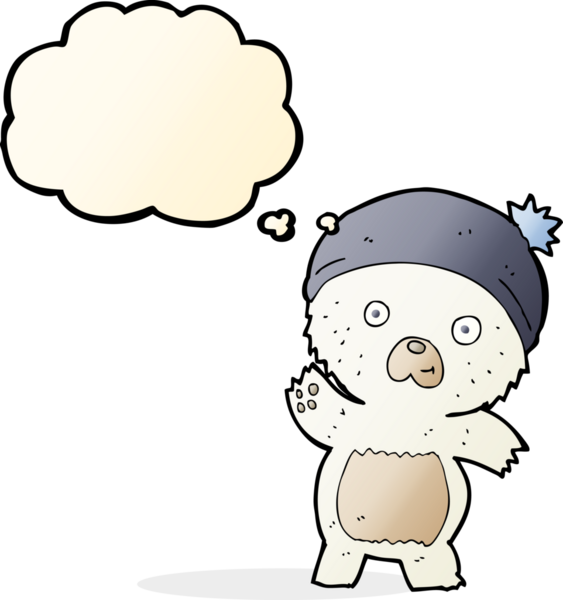 Bir insan tarafından çizilmiş düşünce baloncuklu şirin kutup ayısı.