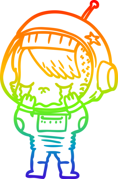 Gökkuşağı gradyan çizgi çizimi bir insan tarafından çizilmiş ağlayan astronot kız