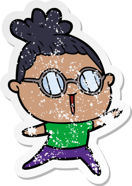 Bir insan tarafından çizilmiş gözlük takan karikatürlü bir kadının sıkıntılı çıkartması.