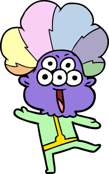 Bir insan tarafından çizilen palyaço peruğuyla dans eden mutlu uzaylı çizgi filmi.