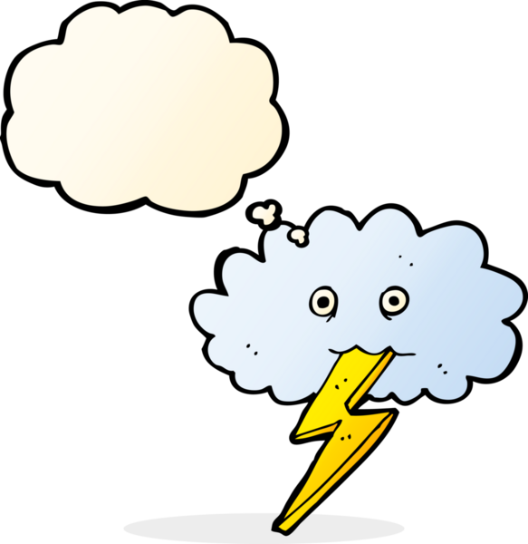 Bir insan tarafından çizilmiş düşünce baloncuklu karikatür yıldırımı ve bulut