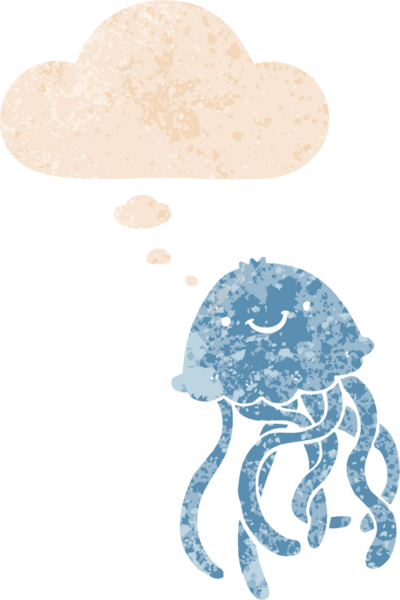 çizgi film mutlu denizanası ile grunge sıkıntılı retro dokuma bir insan tarafından çizilmiş düşünce balonu