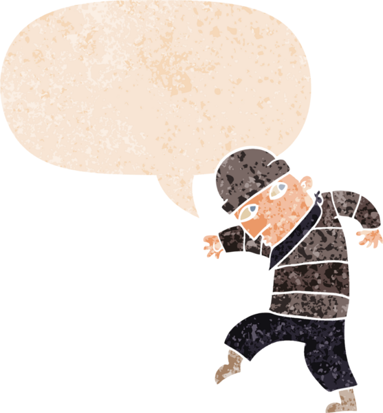 Sinsi çizgi film hırsızı grunge içinde konuşma baloncuğu olan sıkıntılı retro tarzı bir insan tarafından çizilmiş