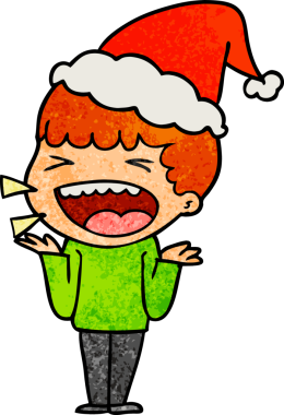 Bir insan tarafından çizilmiş Noel Baba şapkası takan gülen bir adamın el çizimi karikatürü.