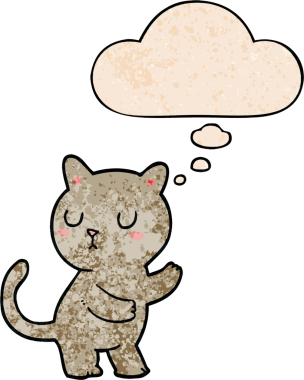 Bir insan tarafından çizilmiş grunge desenli düşünce baloncuklu çizgi film kedisi.