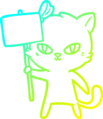 Bir insan tarafından çizilmiş protesto işareti olan şirin bir çizgi film kedisinin soğuk gradyan çizgisi.