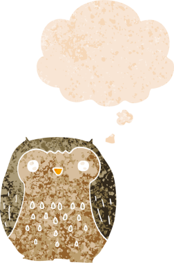 Bir insan tarafından çizilmiş grunge sıkıntılı retro biçimli düşünce baloncuğu ile sevimli çizgi film baykuşu