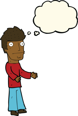 Bir insan tarafından çizilmiş düşünce baloncuğu olan kafası karışmış bir adam.