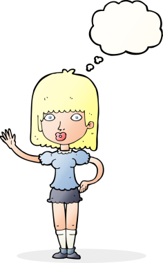 Bir insan tarafından çizilmiş düşünce baloncuğuyla el sallayan çizgi film kadını.