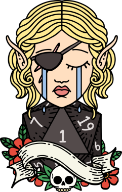 Retro Dövme Tarzı Hüzünlü elf karakteri yüzü ve bir insan tarafından çizilmiş bir d20 rulosu.