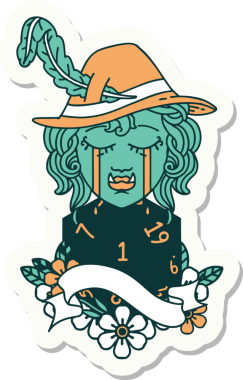 Ağlayan bir ork ozan karakterinin çıkartması. Bir insan tarafından çizilmiş doğal bir D20 rulosu.