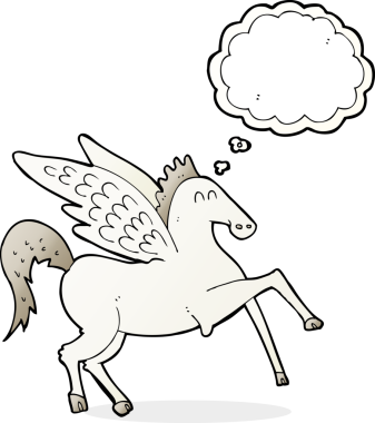 Bir insan tarafından çizilmiş düşünce baloncuklu karikatür pegasus.