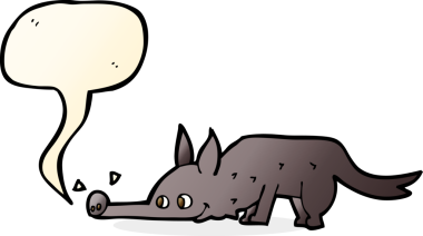 Bir insan tarafından çizilmiş konuşma baloncuğuyla yerleri koklayan çizgi film köpeği.