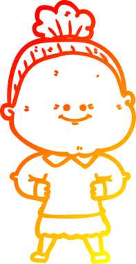 Bir insan tarafından çizilmiş mutlu, yaşlı bir kadının sıcak çizgi çizimi.