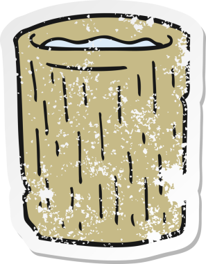 Çizgi film ahşap bir bardağın insan tarafından çizilmiş gerilimli retro yapıştırması.