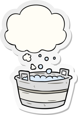 İnsan tarafından çizilmiş bir çıkartma olarak düşünce baloncuğu olan eski bir teneke banyo.