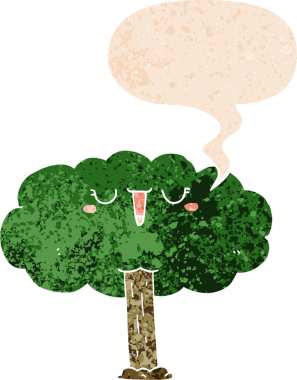 grunge 'da konuşma baloncuğu olan karikatür ağacı bir insan tarafından çizilmiş gerilimli retro desenli