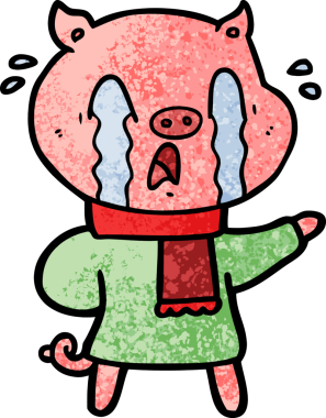 Bir insan tarafından çizilmiş insan kıyafetleri içinde ağlayan domuz çizgi filmi.