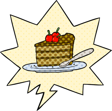 Çizgi roman tarzında bir insan tarafından çizilmiş bir dilim çikolatalı pasta.