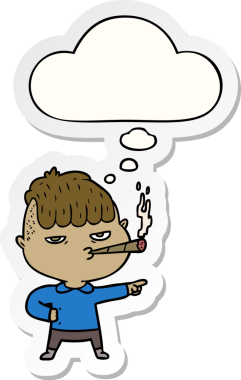 Düşünce baloncuğuyla sigara içen çizgi filmci bir insan tarafından çizilmiş çıkartma gibi.