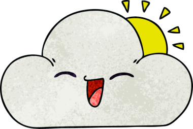 Bir insan tarafından çizilmiş garip bir çizgi film güneşi ve mutlu bulut.