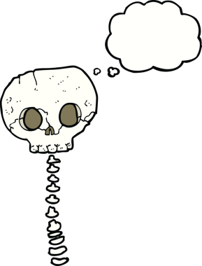 Bir insan tarafından çizilmiş düşünce baloncuklu korkunç kafatası ve omurga.