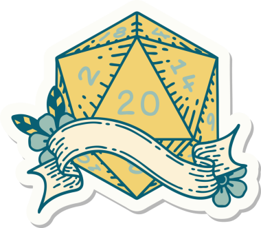 Bir insan tarafından çizilmiş 20 D20 zarının çıkartması.