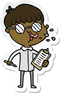 Bir insan tarafından çizilmiş gözlüklü bir çizgi film karakterinin çıkartması.