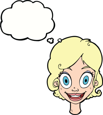 Bir insan tarafından çizilmiş düşünce balonlu mutlu kadın çizgi filmi.