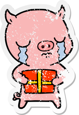 Bir insan tarafından çizilmiş Noel hediyesi için ağlayan bir domuzun kederli çıkartması.