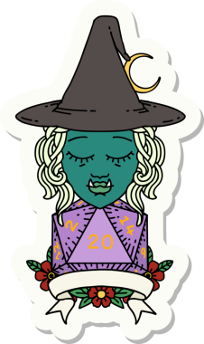 Bir insan tarafından çizilmiş doğal 20 zarlı yarım ork cadı karakterinin çıkartması.