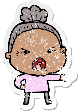 Bir insan tarafından çizilmiş kızgın yaşlı bir kadının sıkıntılı çıkartması.