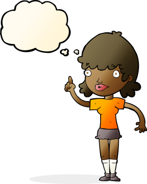 Bir insan tarafından çizilmiş düşünce baloncuğu fikri olan karikatür kadın.