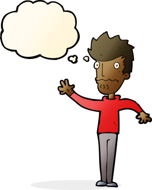 Çizgi filmdeki endişeli adam bir insan tarafından çizilmiş düşünce balonuyla uzanıyor.