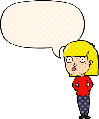 Çizgi roman tarzında bir insan tarafından çizilmiş konuşma balonuyla bakan bir karikatür kadını.