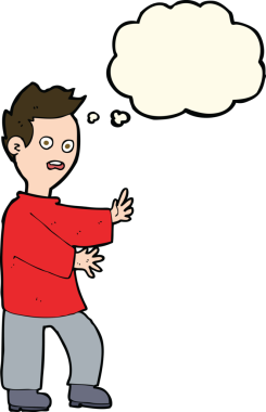 Bir insan tarafından çizilen düşünce baloncuğuyla şok olmuş bir adam.