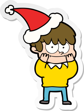 Bir insan tarafından çizilmiş Noel Baba şapkası giymiş bir adamın mutlu el çizimi karikatürü.