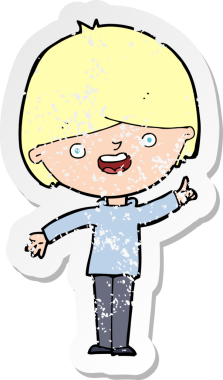 Bir insan tarafından çizilen mutlu çocuk çizgi filminin kederli retro yapıştırması.