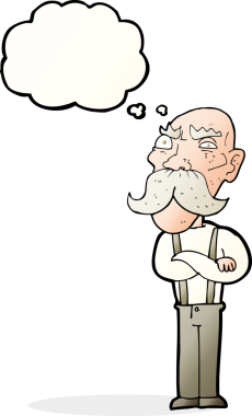 Bir insan tarafından çizilmiş düşünce baloncuğu olan kızgın yaşlı bir adam.