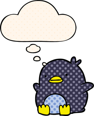 Çizgi roman tarzında bir insan tarafından çizilmiş düşünce baloncuğu olan sevimli penguen.