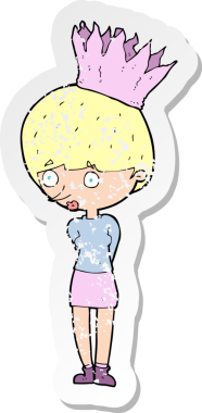 Bir insan tarafından çizilmiş taç giyen bir çizgi film karakterinin sıkıntılı retro çıkartması.