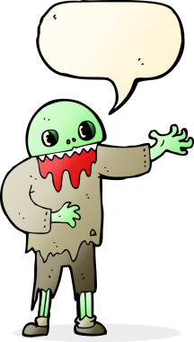 Bir insan tarafından çizilmiş konuşma balonu olan garip bir zombi çizgi filmi.