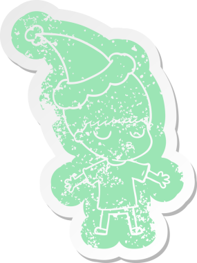 Bir insan tarafından çizilmiş Noel Baba şapkası giyen sakin bir çocuğun garip bir karikatürü.