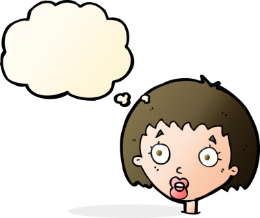 Bir insan tarafından çizilmiş düşünce baloncuğuyla kadın yüzünü şaşırtan çizgi film.