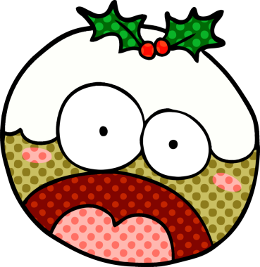 Karikatür noel pudingi. Bir insan tarafından çizilmiş şok yüzlü.