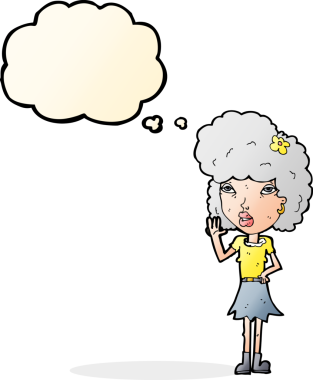 Bir insan tarafından çizilmiş düşünce baloncuğuyla el sallayan çizgi film kadını.